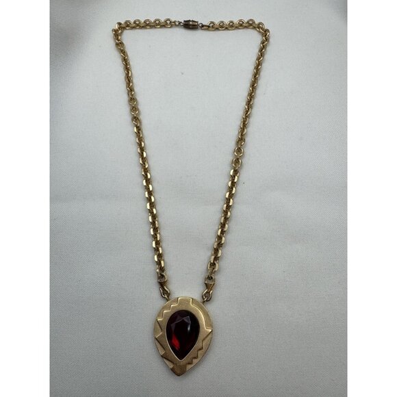 Vintage Monet Art Deco Choker Necklace Gold Red Rhinestone Teadrop 20” Runway - Picture 8 of 10